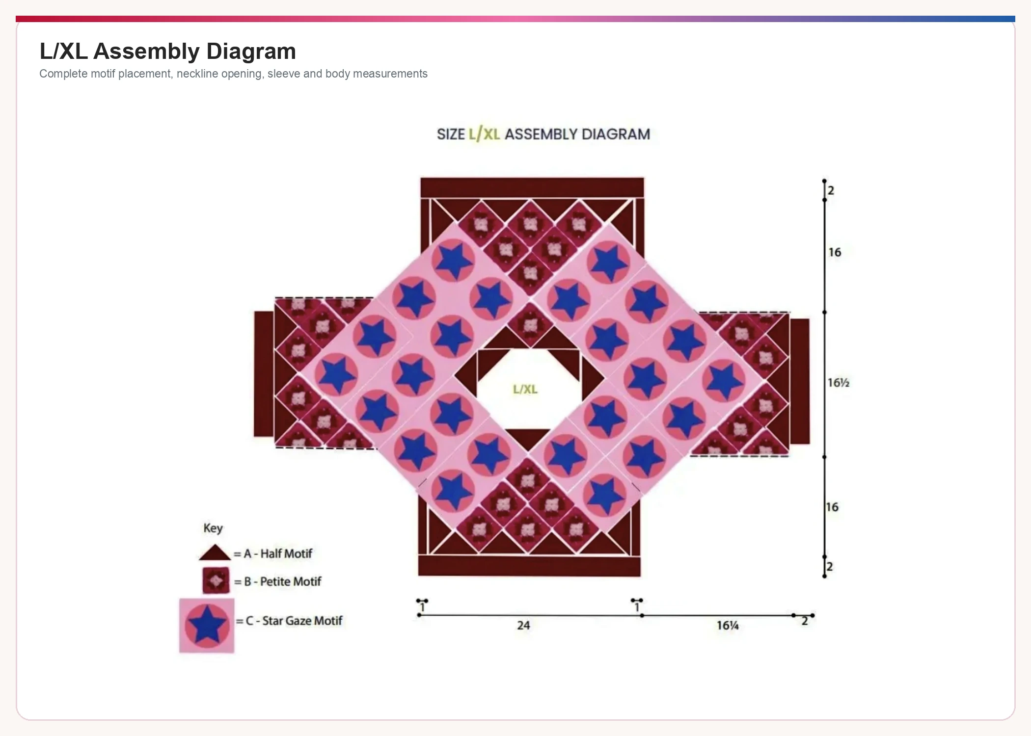 L XL crochet star motif pullover assembly diagram