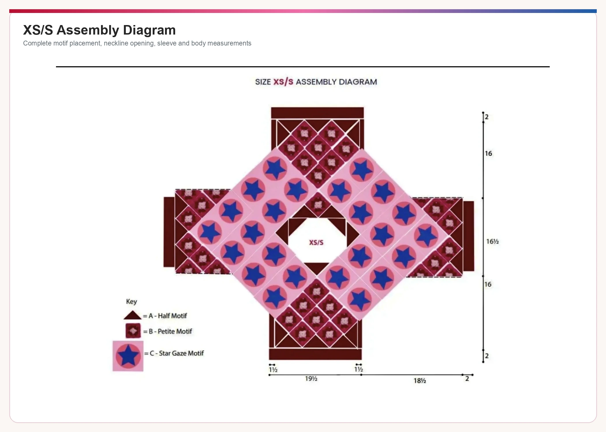 XS S crochet star motif pullover assembly diagram