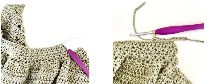 Crochet baby dress top edging worked around waistband bib and straps