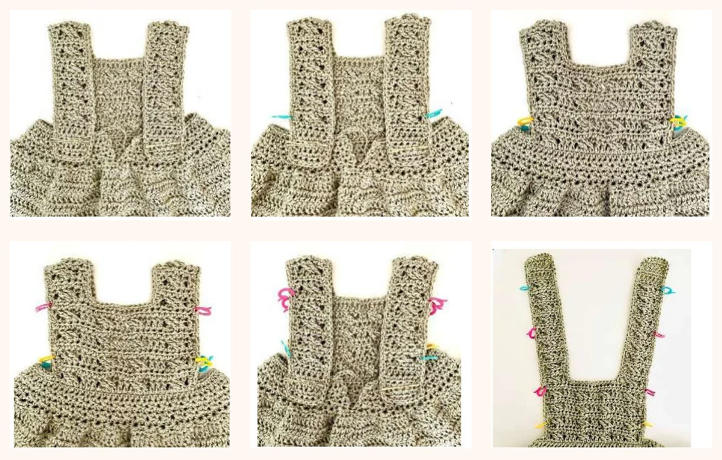 Six-step marker placement sequence for crochet baby dress strap frills