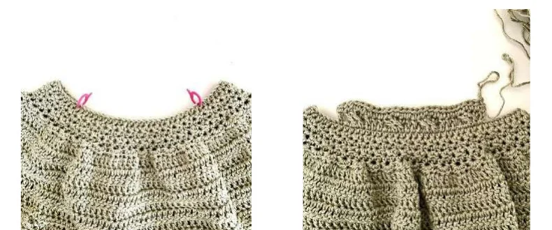Central stitches marked for the crochet baby dress front bib