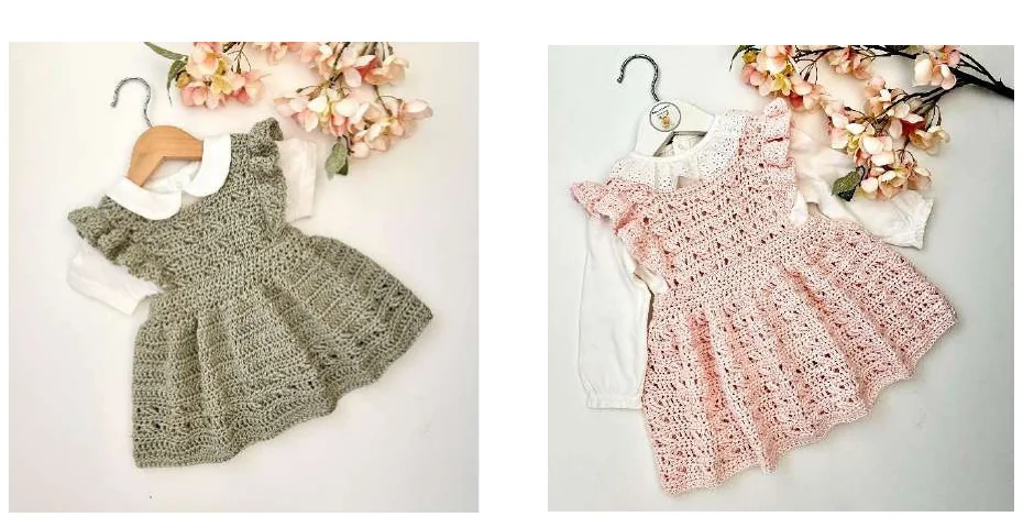 Sage and pink finished skirt options for the crochet baby dress pattern