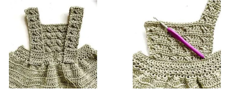 Front bib and shoulder straps for the crochet baby dress pattern