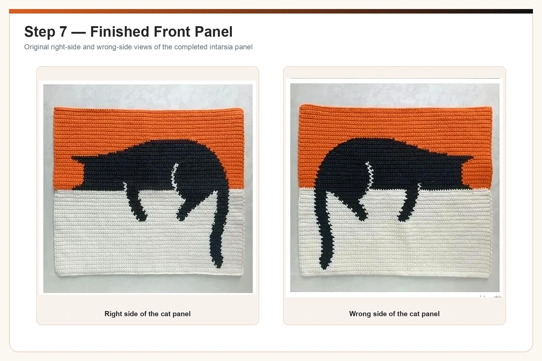Original finished black cat crochet bag front panel right and wrong sides enhanced and upscaled