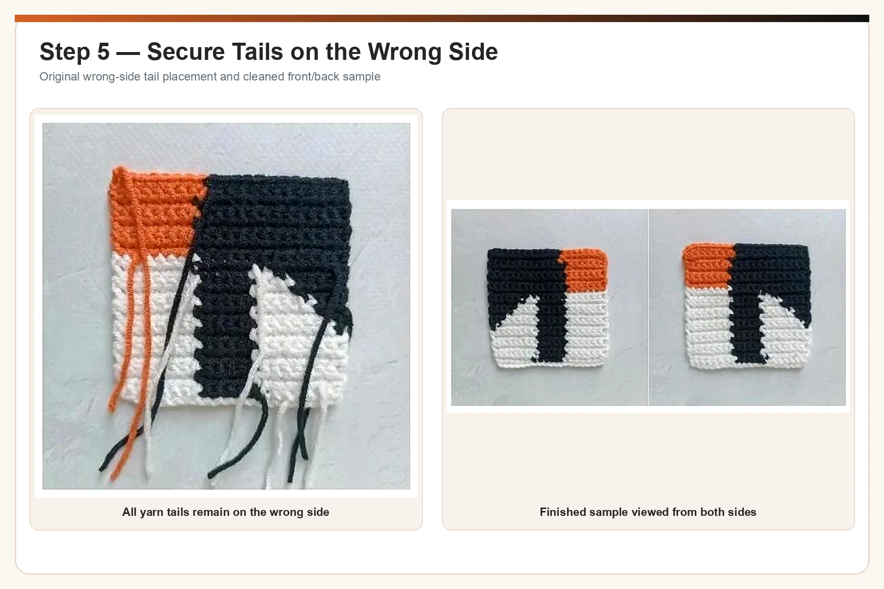 Original wrong-side yarn-tail and finished swatch photos enhanced and upscaled