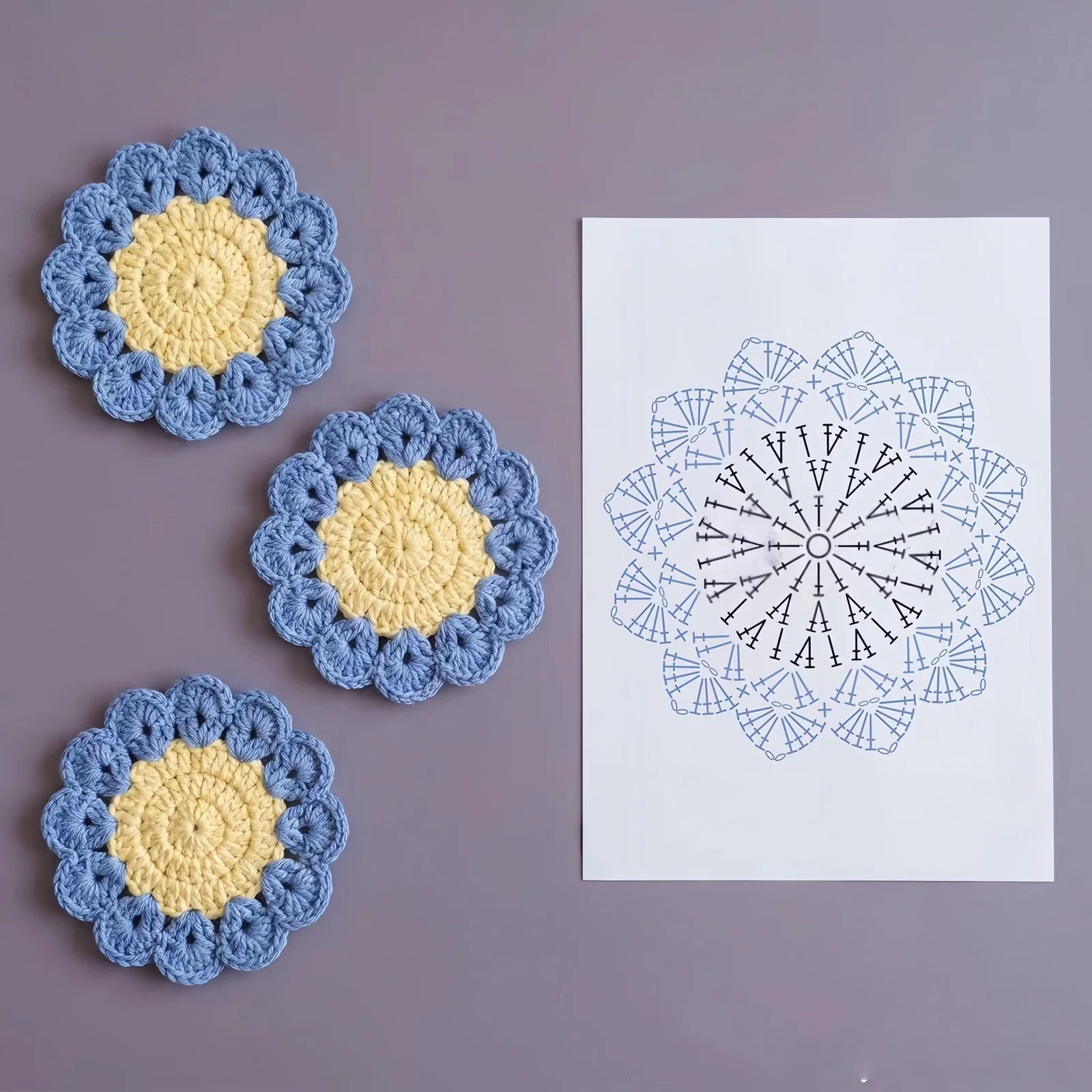 Blue and yellow scalloped crochet flower motif beside its circular chart