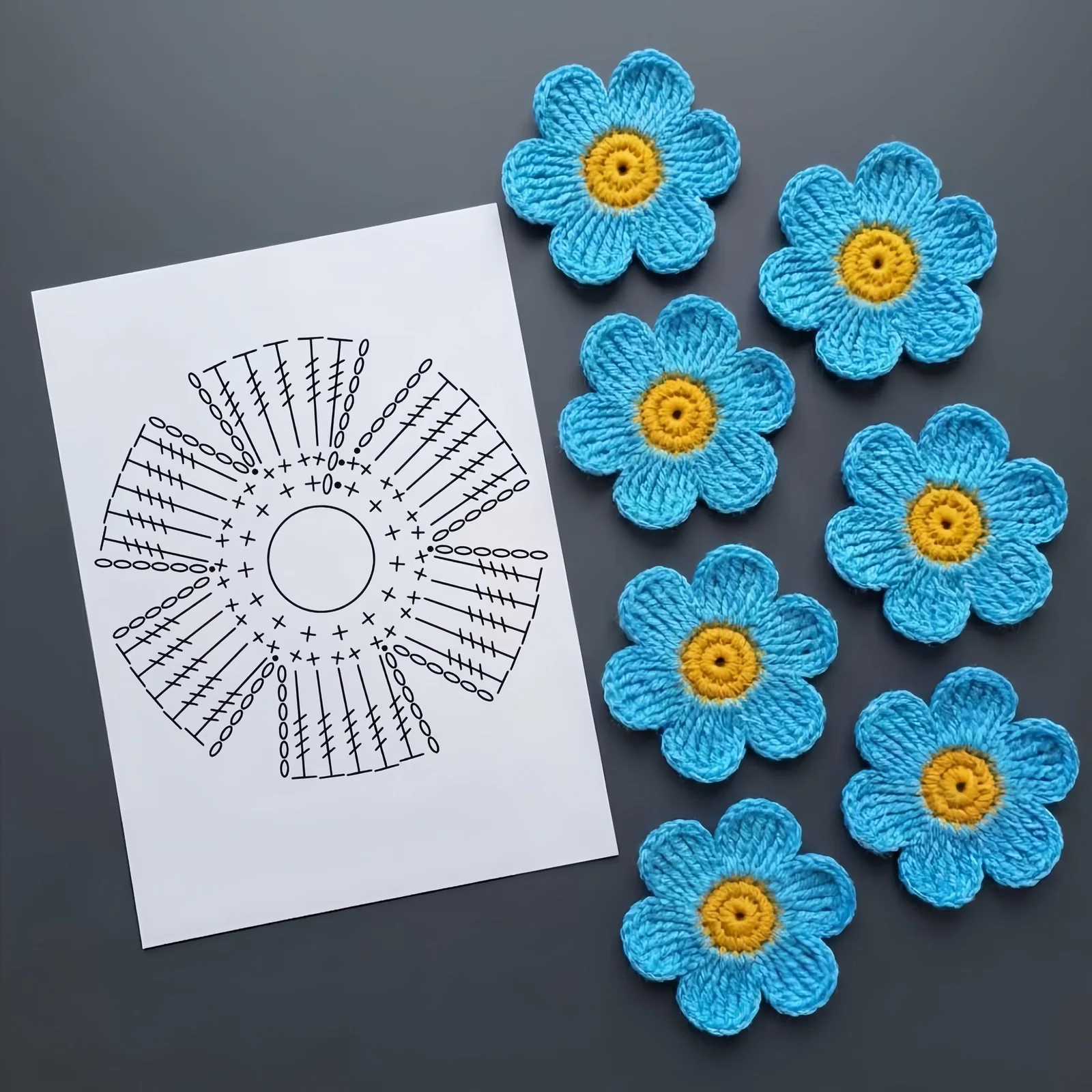 Blue six-petal crochet flowers beside a circular stitch chart