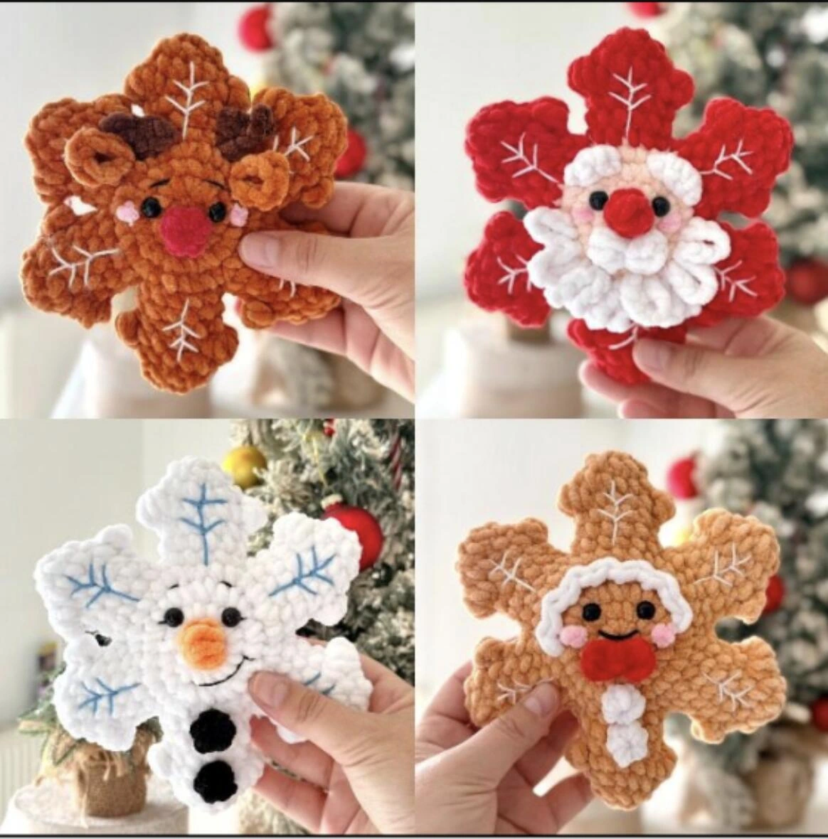 Christmas Snowflakes Crochet Pattern with Santa reindeer snowman and gingerbread