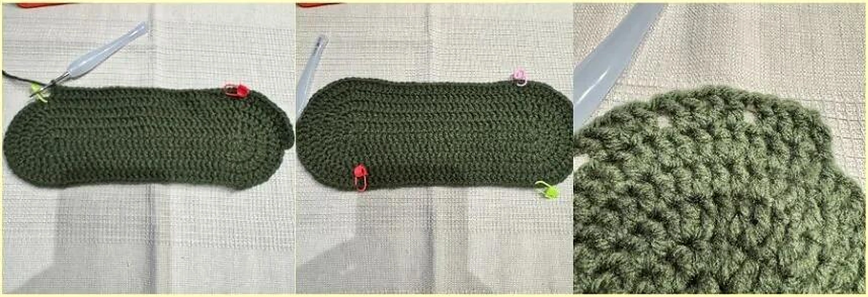 Crochet avocado bag oval base photo sequence showing dark green shaping