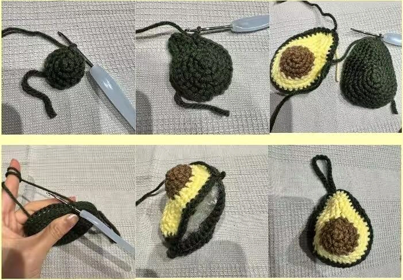 Six original avocado charm photos showing green backing, filling, seam and hanging loop