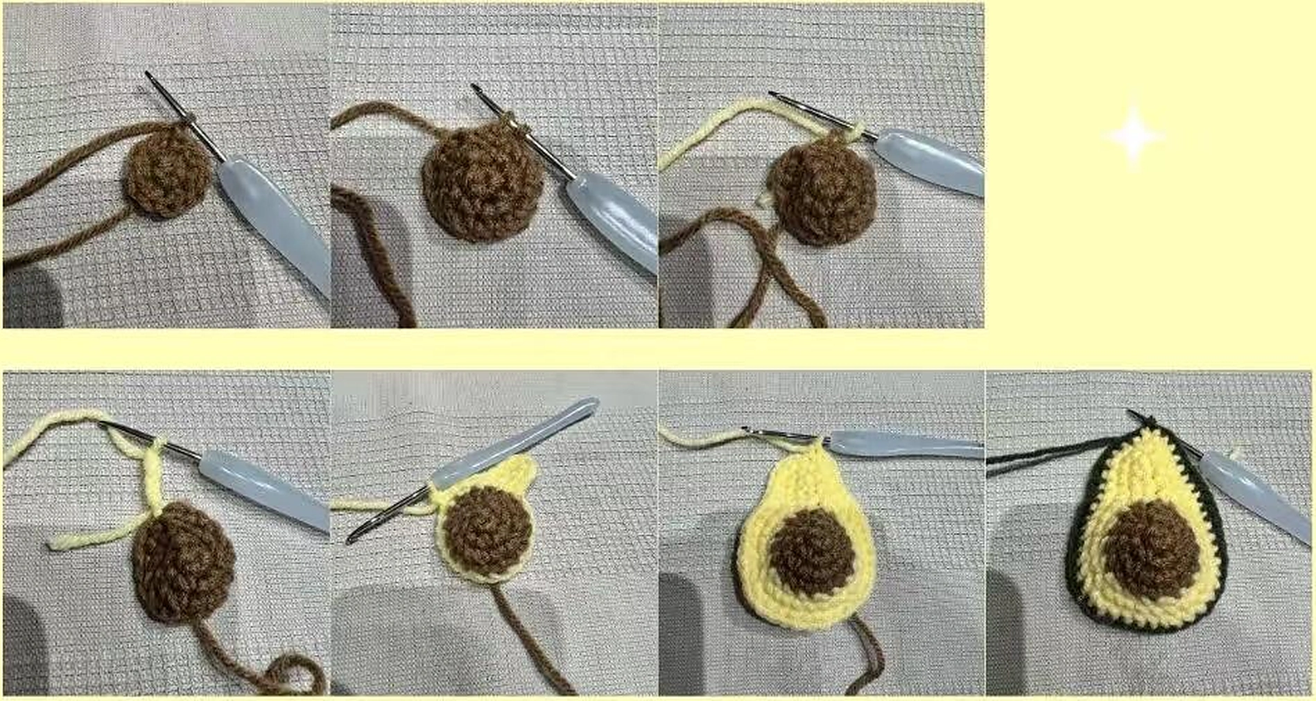 Seven original photos showing the brown avocado pit, yellow flesh and green edging