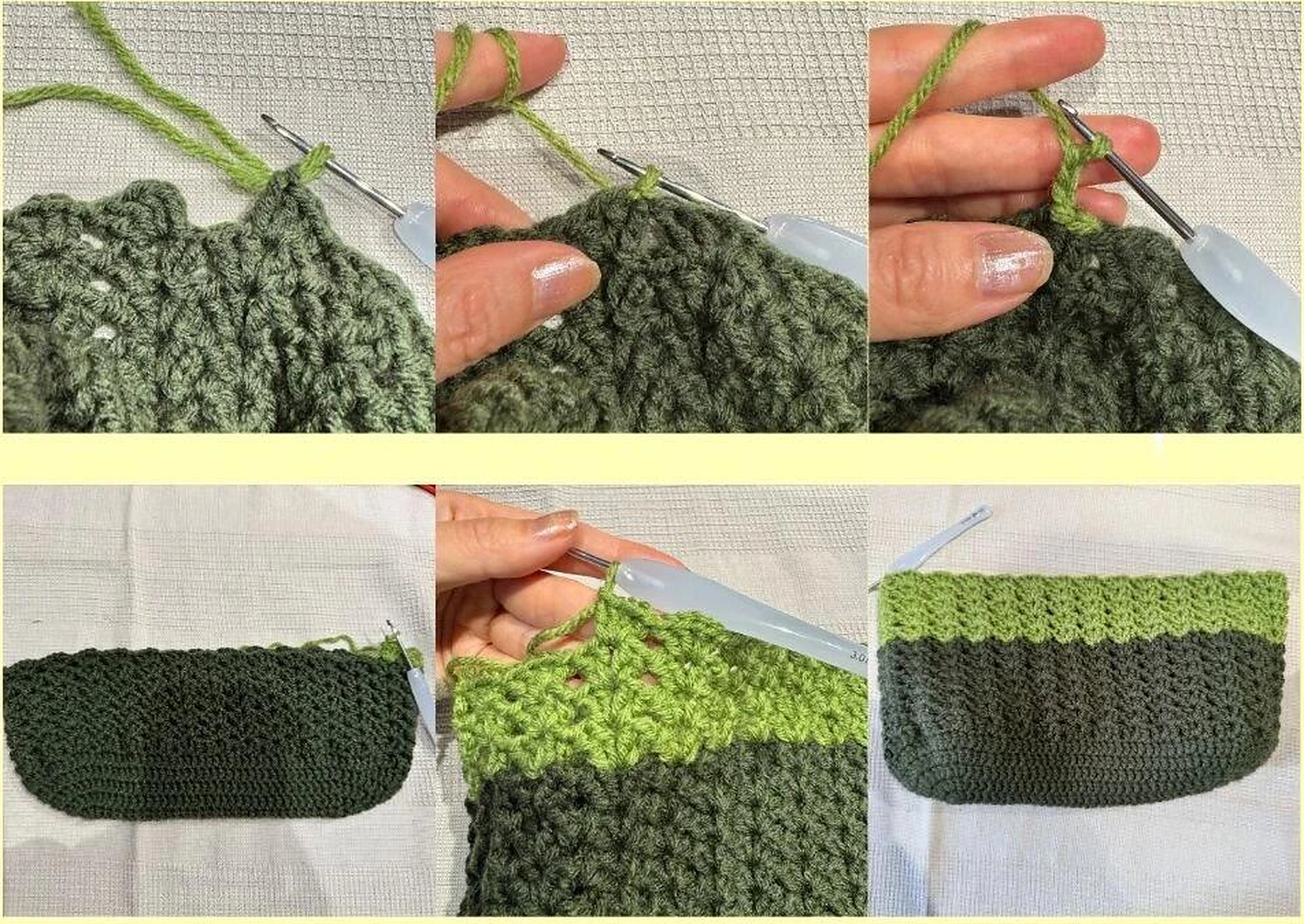 Six original panels showing dark green to medium green yarn change and bag growth