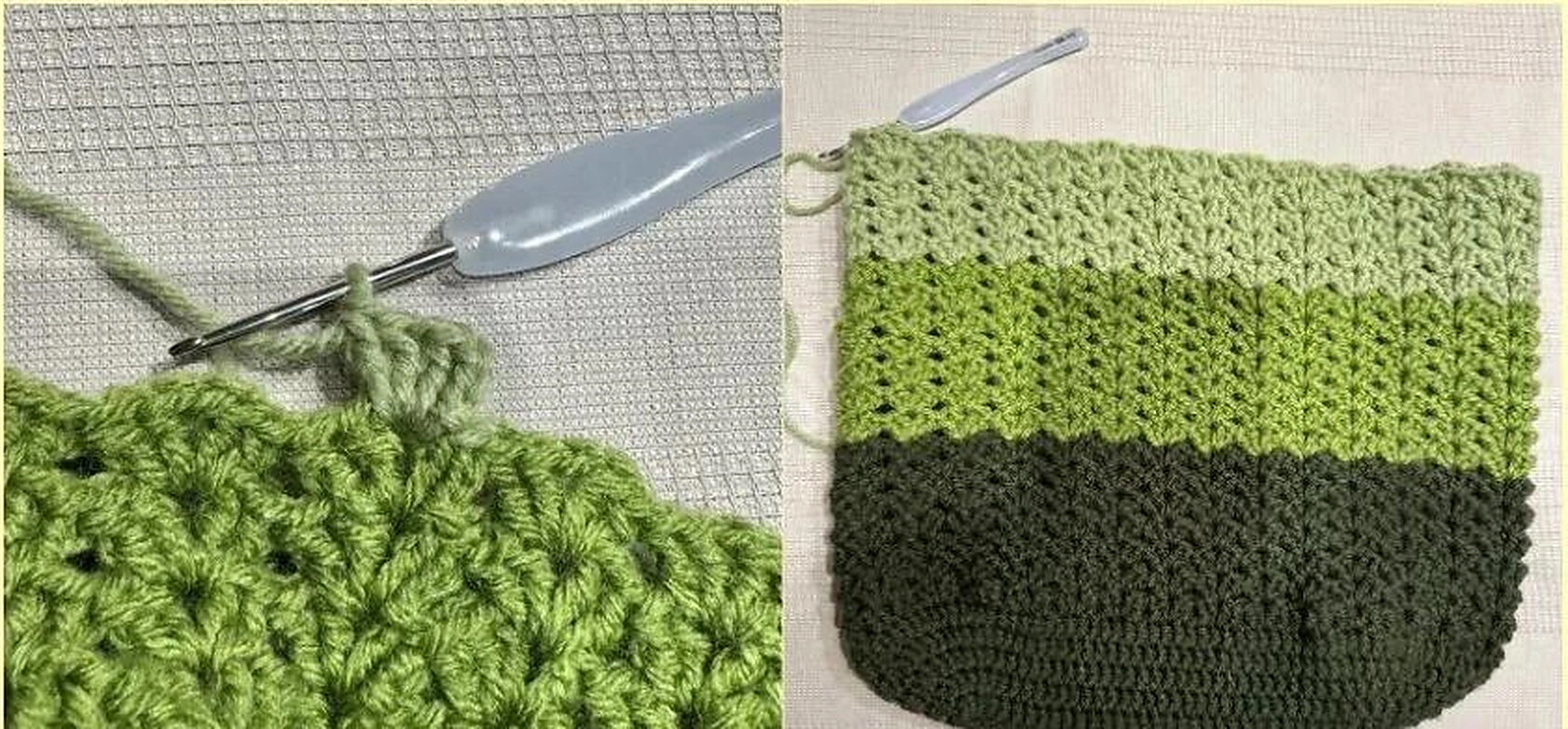 Two original photos showing the light green yarn change and completed striped bag body