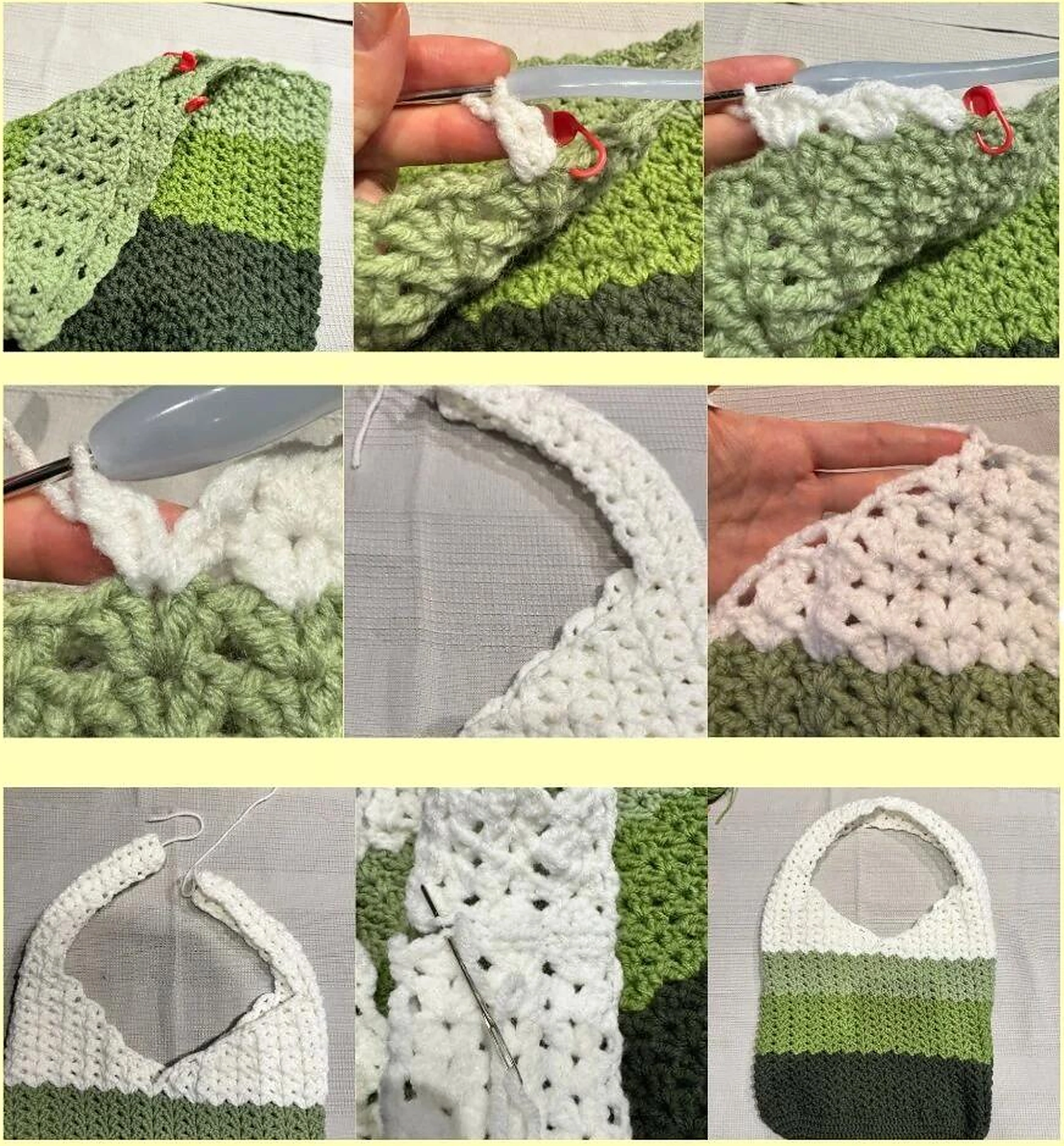 Nine original crochet avocado bag strap photos showing white shaping, length and sewn join