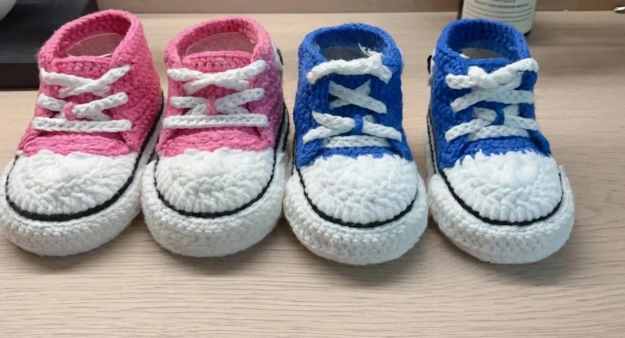 Pink and blue crochet baby sneakers with white toe caps, laces and black sole stripes