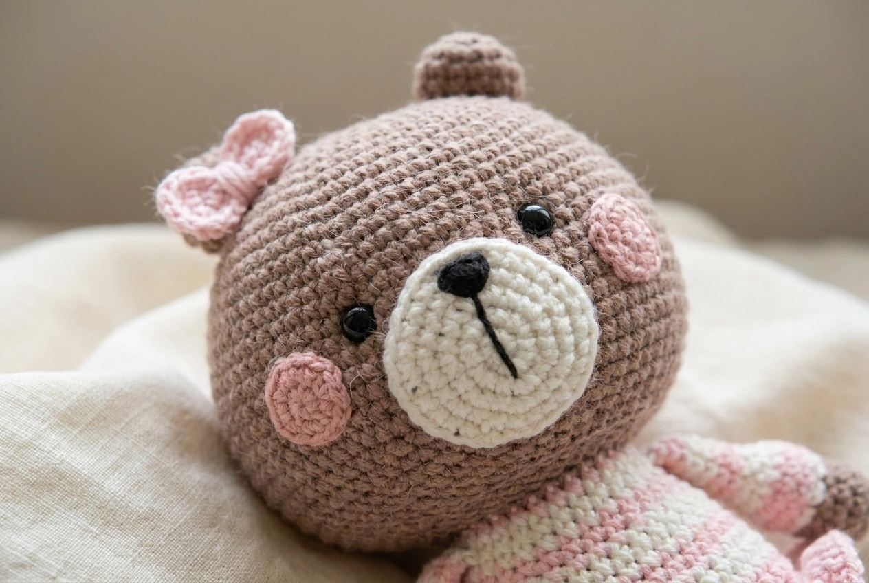 Crochet bear couple pattern face styling illustration with a pink bow and round cheeks