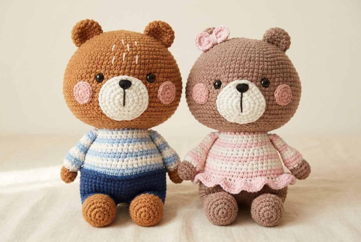 Crochet bear couple pattern styling illustration with blue and pink striped outfits