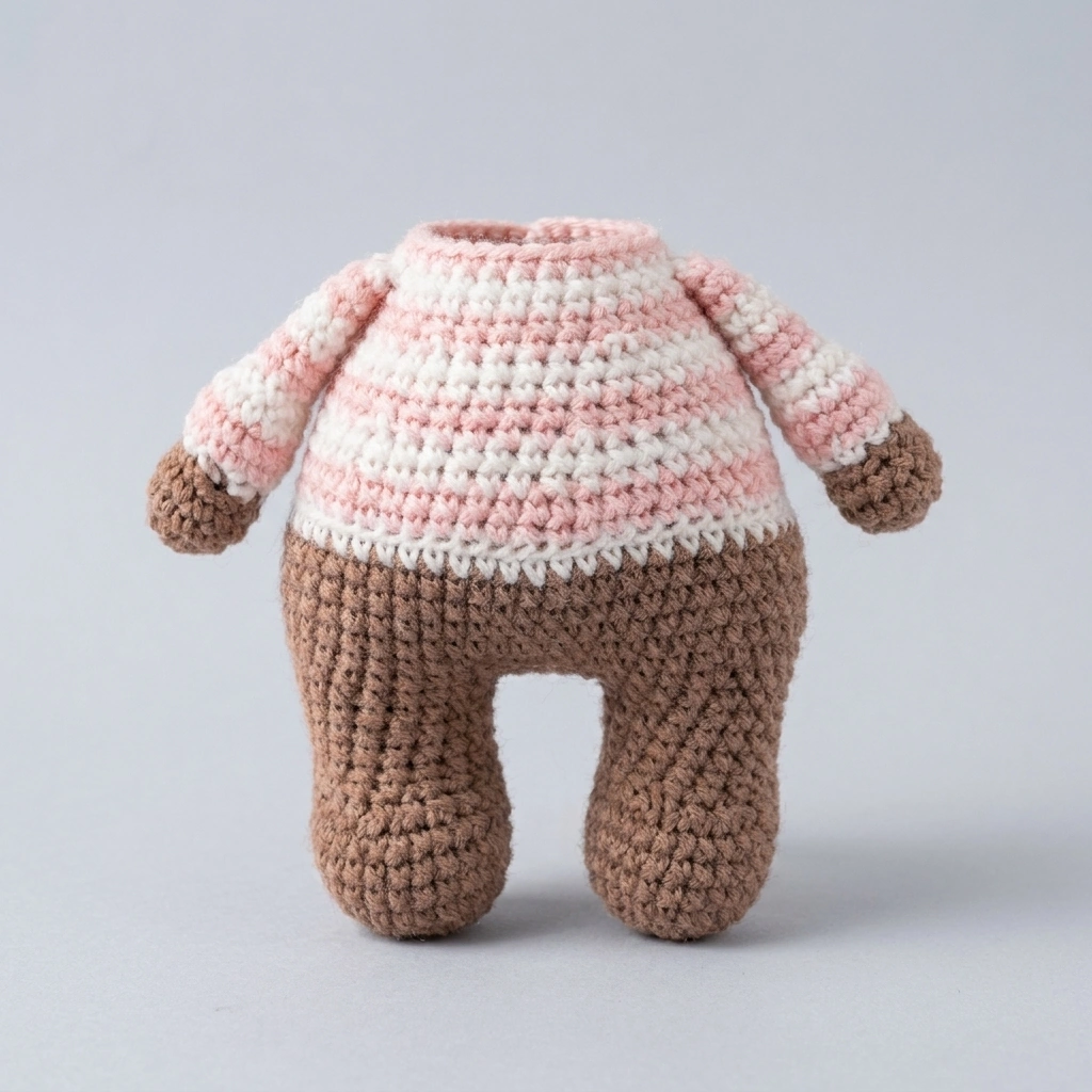 AI-enhanced crochet bear couple pattern body with pink and white striped sleeves