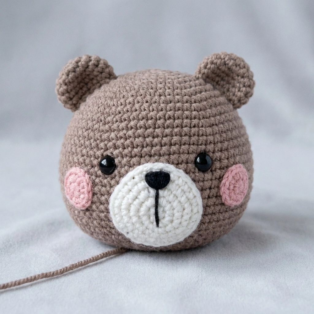 AI-enhanced crochet bear couple pattern head with a white muzzle and pink cheeks