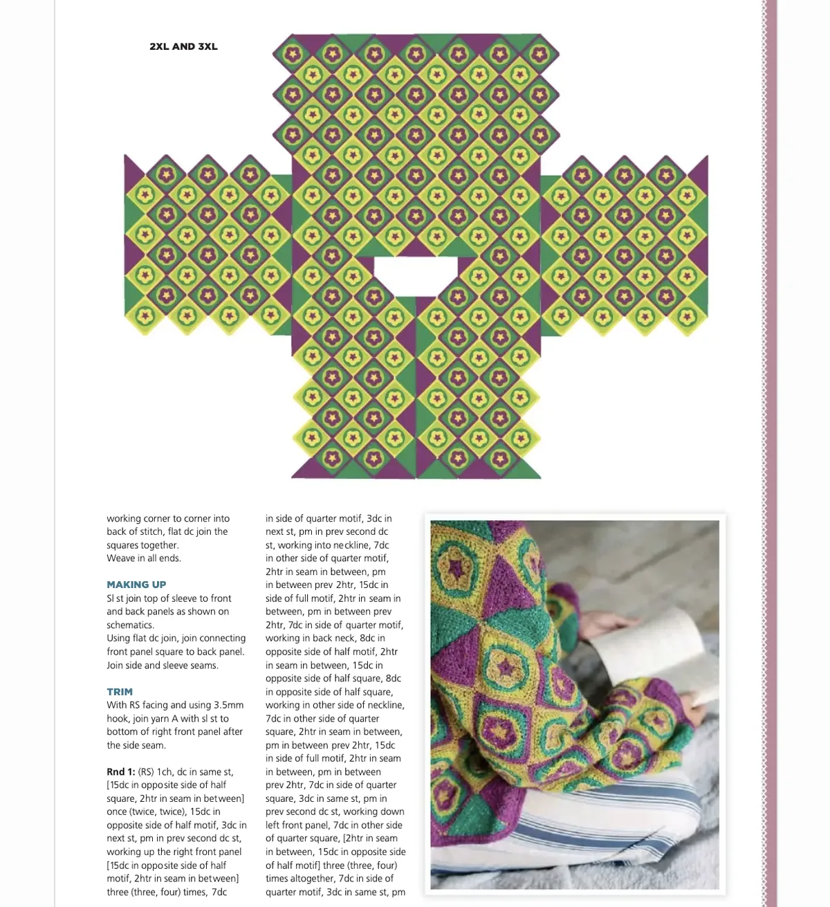 Assembly layout schematic for 2XL and 3XL crochet motif cardigan pattern sizes