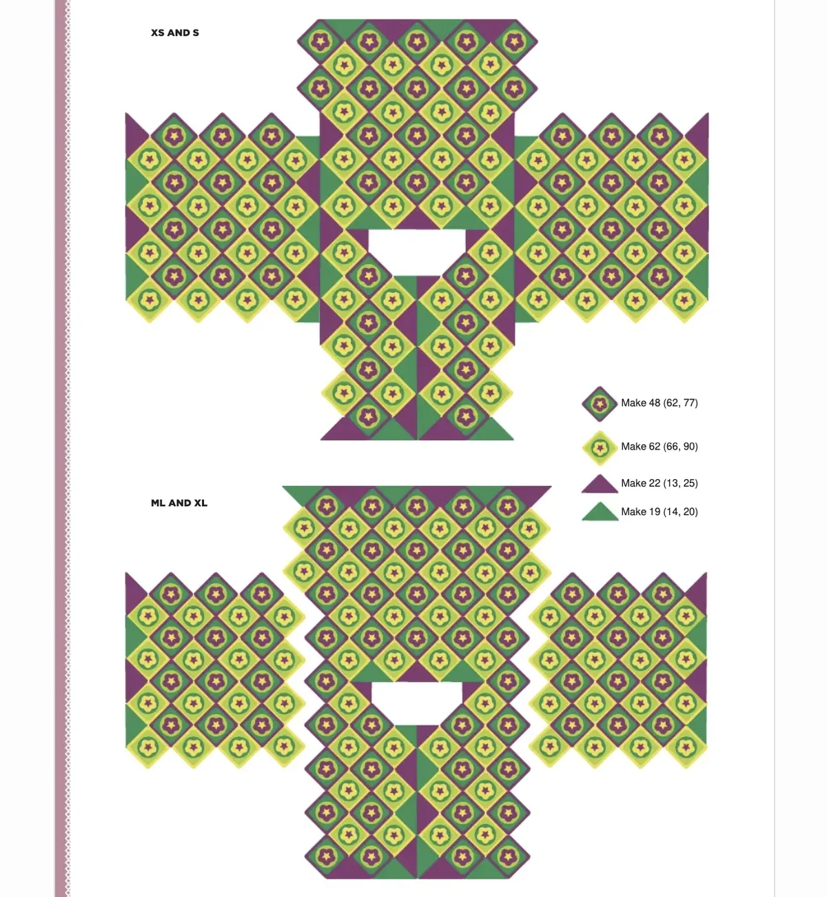 Assembly layout schematic for XS S and M L XL crochet motif cardigan pattern sizes