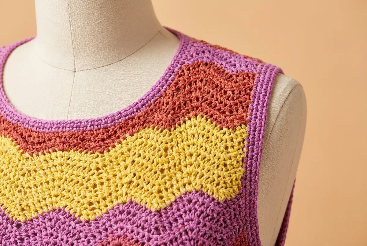 Finished purple neckline and armhole edging on a crochet cotton tank top pattern
