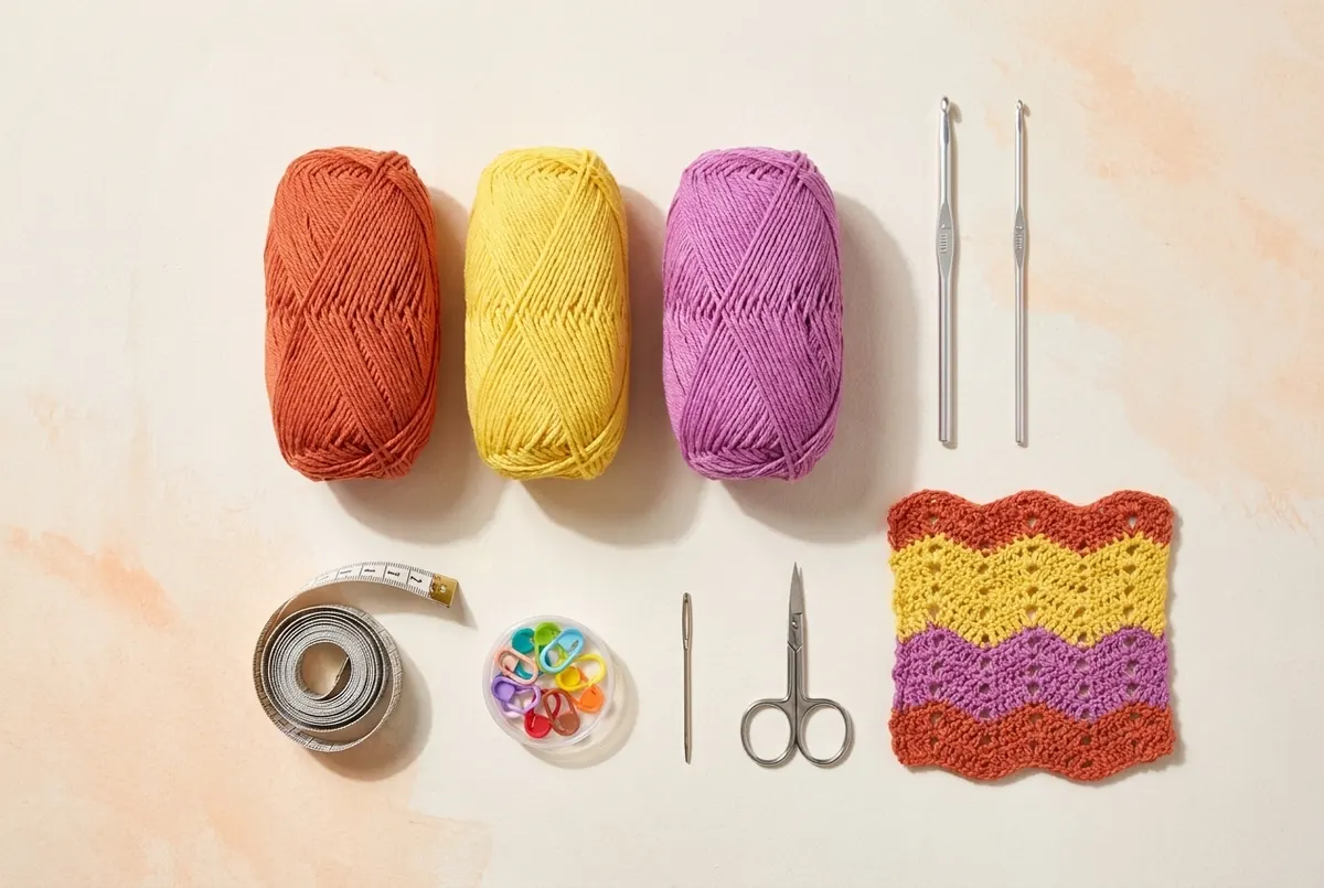 DK cotton yarn, crochet hooks, tape measure, stitch markers, scissors, needle, and chevron swatch for a crochet cotton tank top pattern