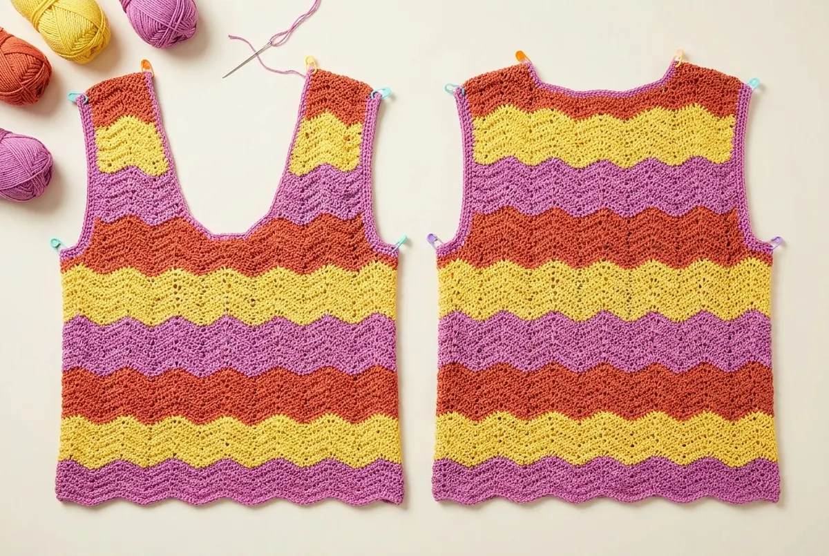Front and back panels for a crochet cotton tank top pattern laid flat before seaming
