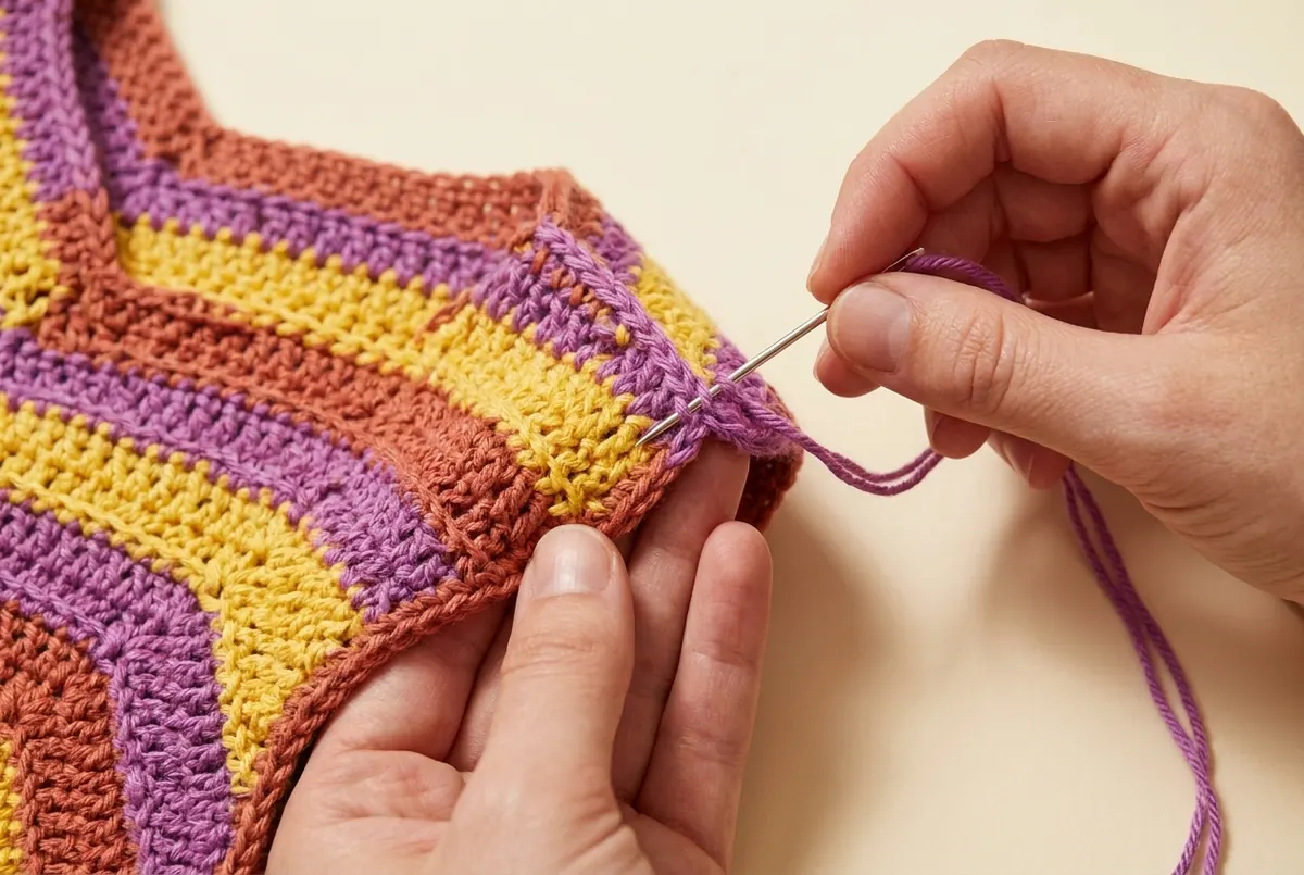 Hands whip stitching the shoulder seam of a colorful crochet cotton tank top pattern