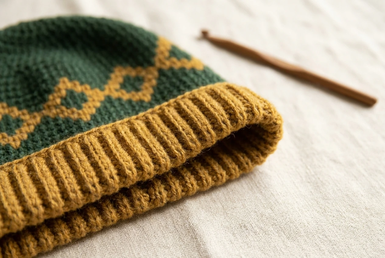 Crochet diamond hat pattern ribbed brim styling illustration