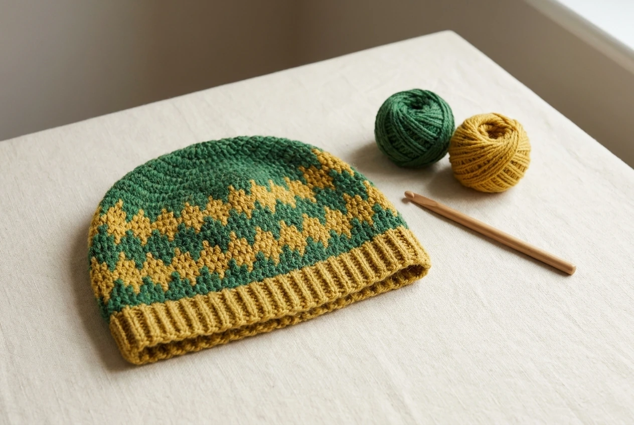 Crochet diamond hat pattern styling inspiration with green and gold colorwork