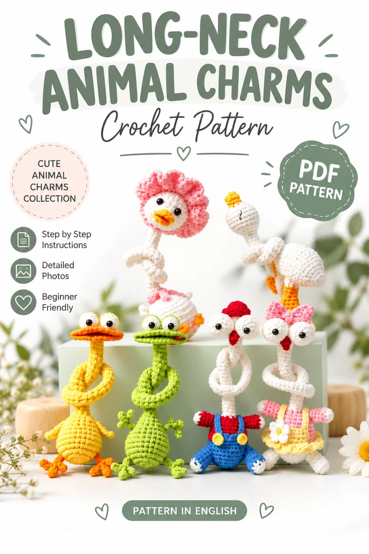 Long-Neck Animal Charms English PDF cover with six crochet character designs