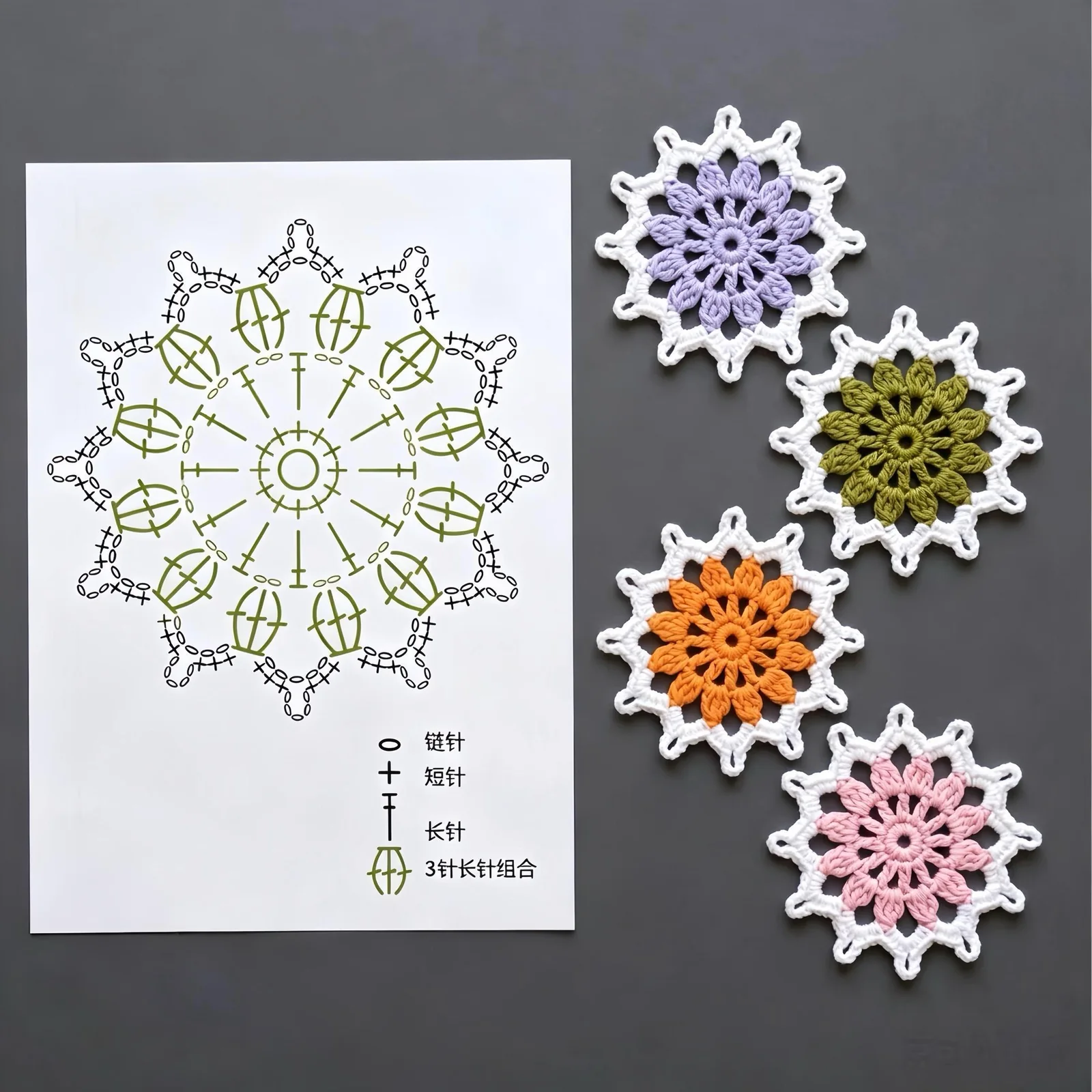 Crochet flower patterns chart beside colorful snowflake-style flower motifs