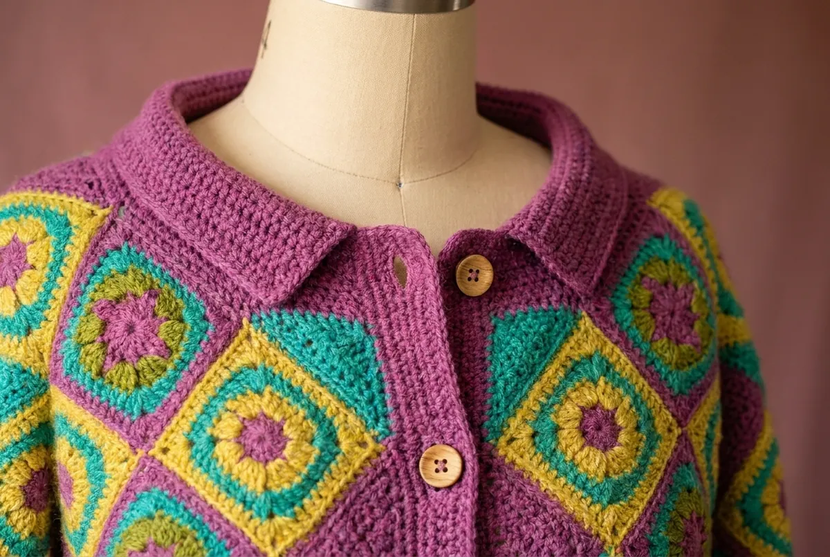 Purple collar, button band, and wooden buttons on a crochet motif cardigan pattern