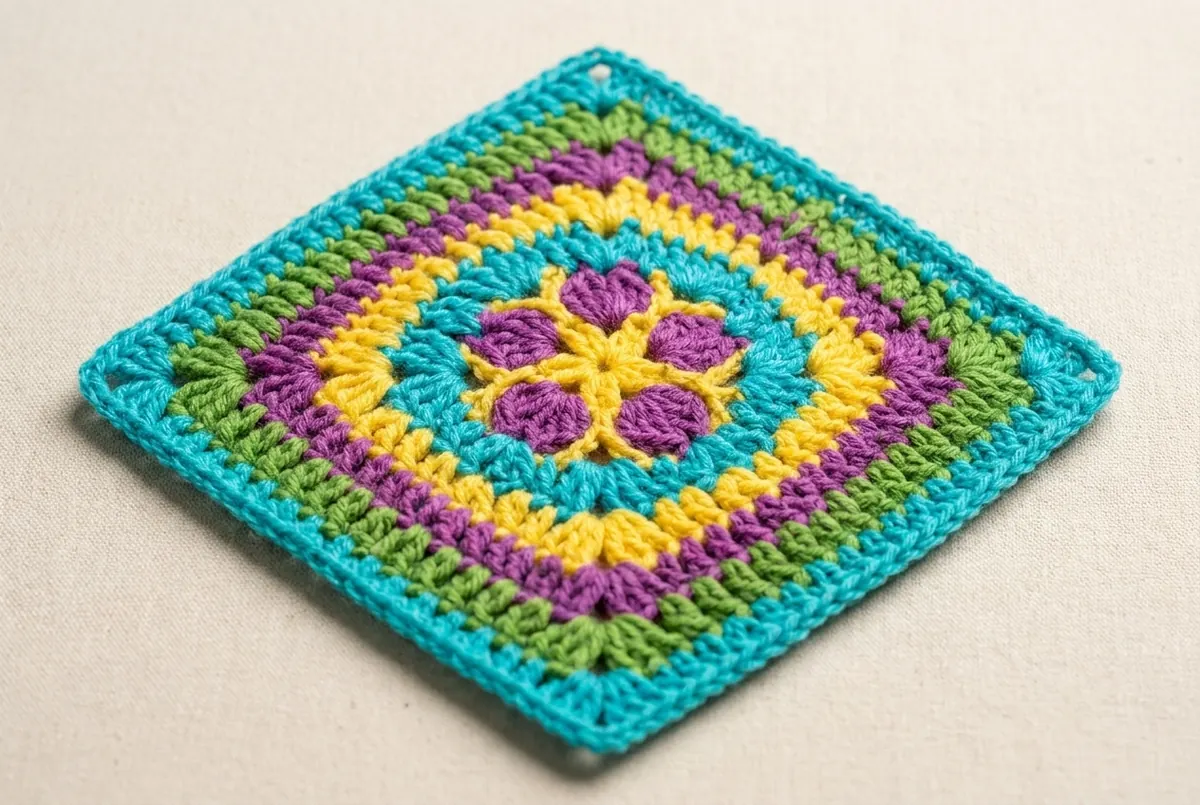 Blocked colorful full square used in a crochet motif cardigan pattern