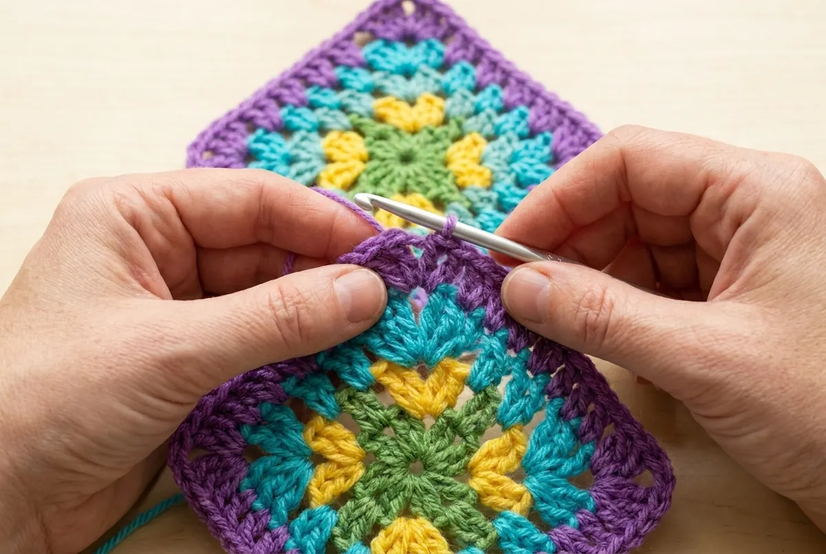 Hands joining two colorful motifs for a crochet motif cardigan pattern with a flat seam