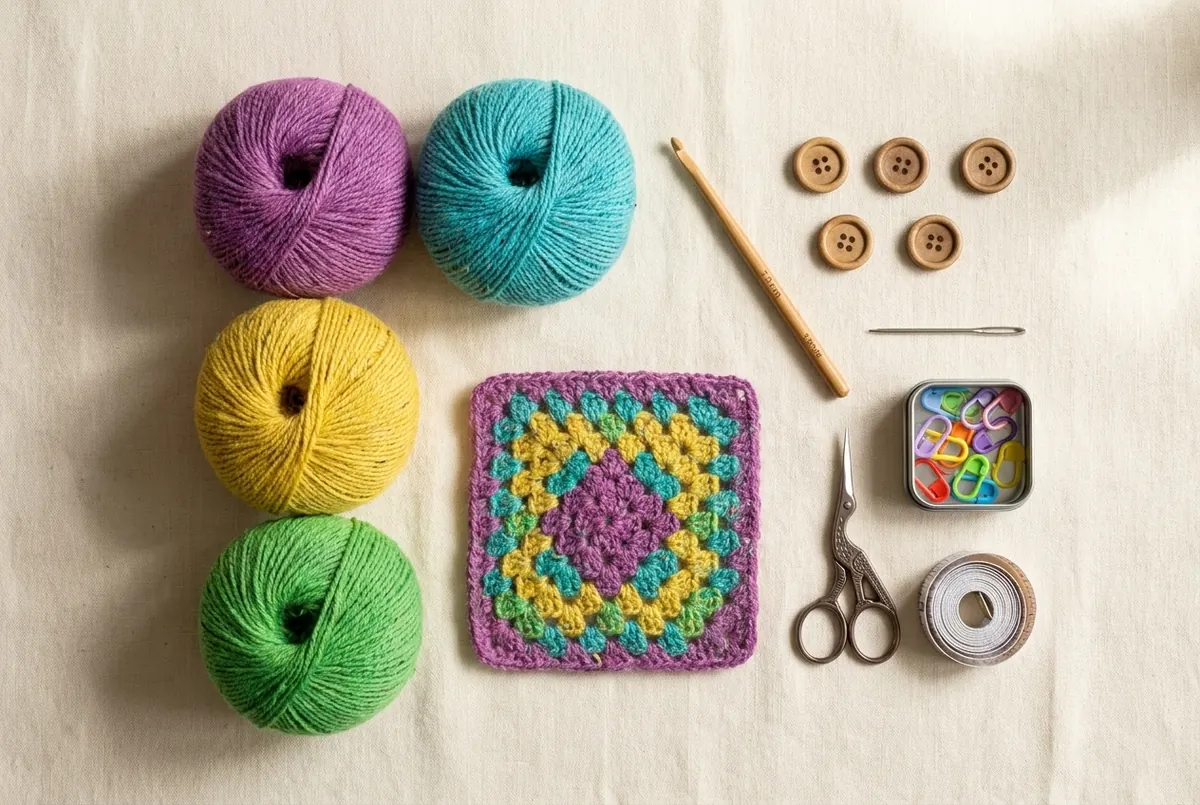 Four colors of DK yarn, hook, buttons, markers, needle, and motif for a crochet motif cardigan pattern