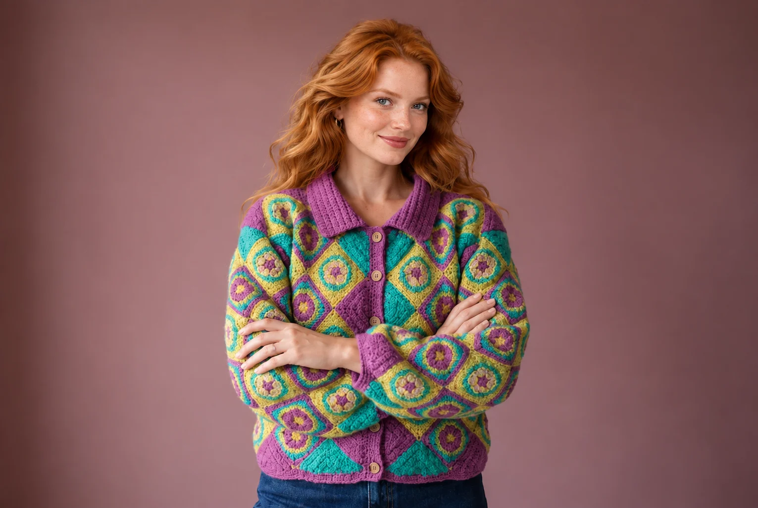 Woman wearing a colorful crochet motif cardigan pattern with purple collar and cuffs