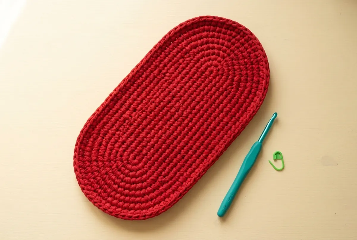 Completed red oval base for a crochet oval shoulder bag pattern beside a 7 mm hook