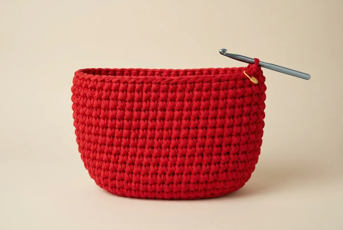 Red single-crochet body in progress for a crochet oval shoulder bag pattern
