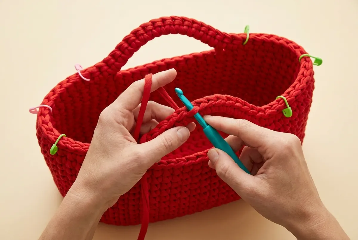 Hands thickening a chain handle on a red crochet oval shoulder bag pattern