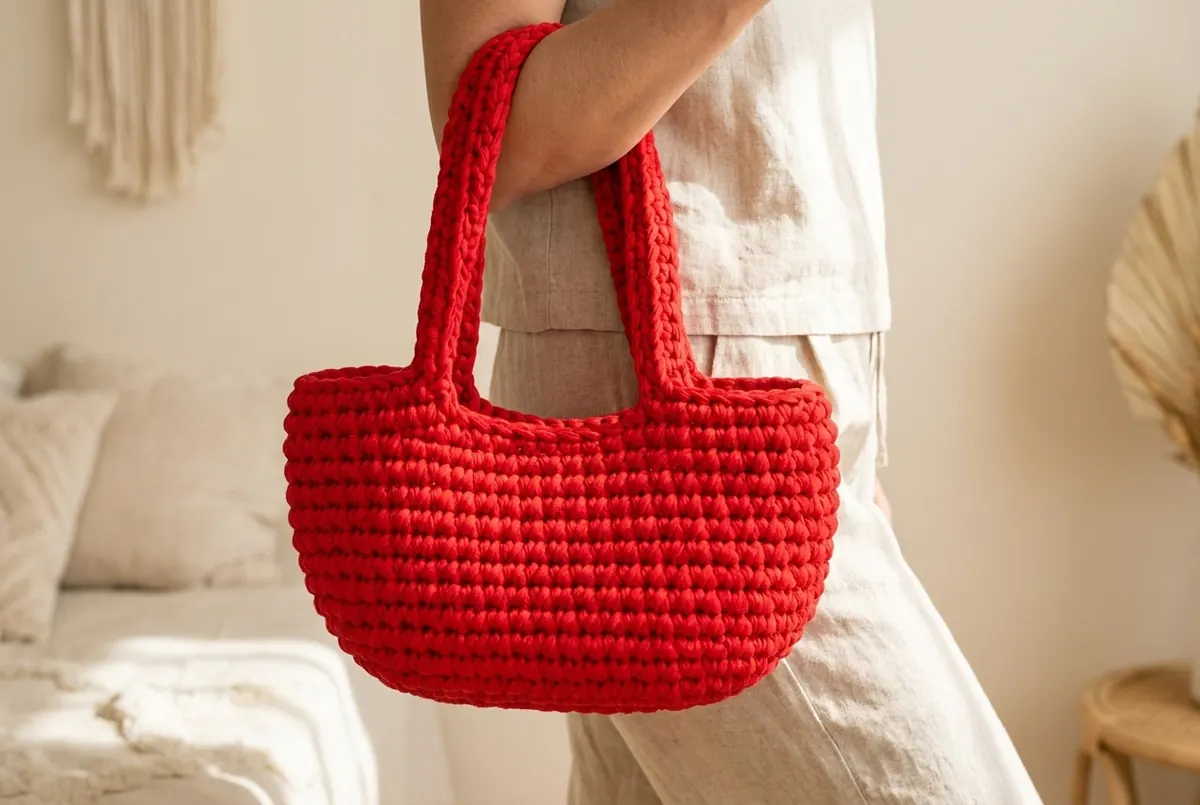 Woman carrying a finished red crochet oval shoulder bag pattern with integrated handles