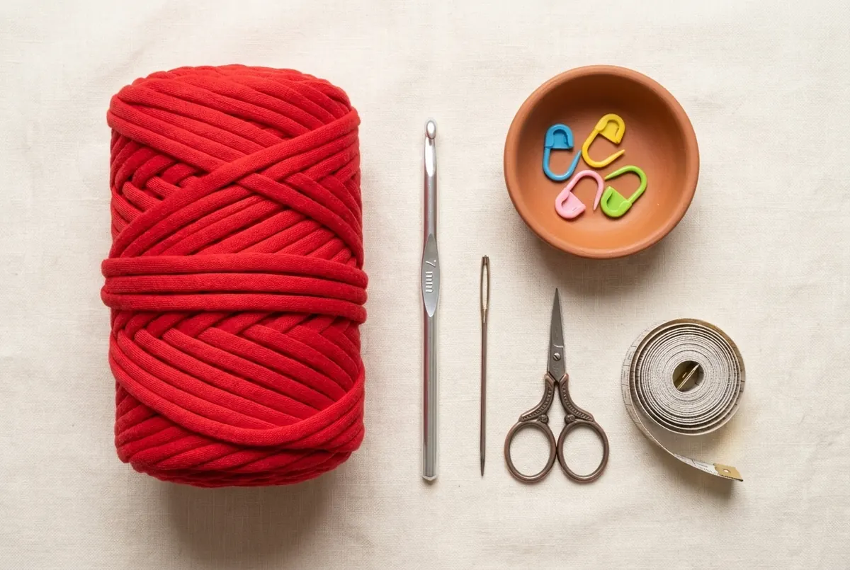 Red T-shirt yarn, 7 mm crochet hook, stitch markers, needle, scissors, and measuring tape for a crochet oval shoulder bag pattern