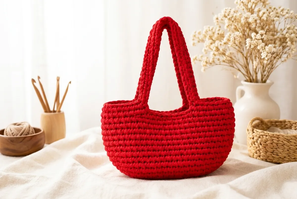 Finished red crochet oval shoulder bag pattern made with chunky T-shirt yarn
