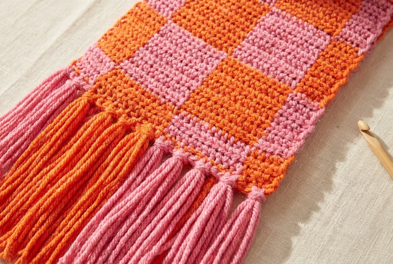 Crochet plaid scarf pattern fringe inspiration with pink and orange knotted tassels