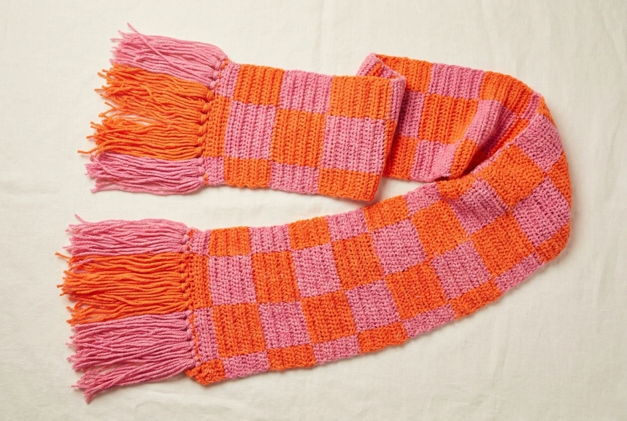 Crochet plaid scarf pattern inspiration with rose pink and mango orange blocks and long fringe