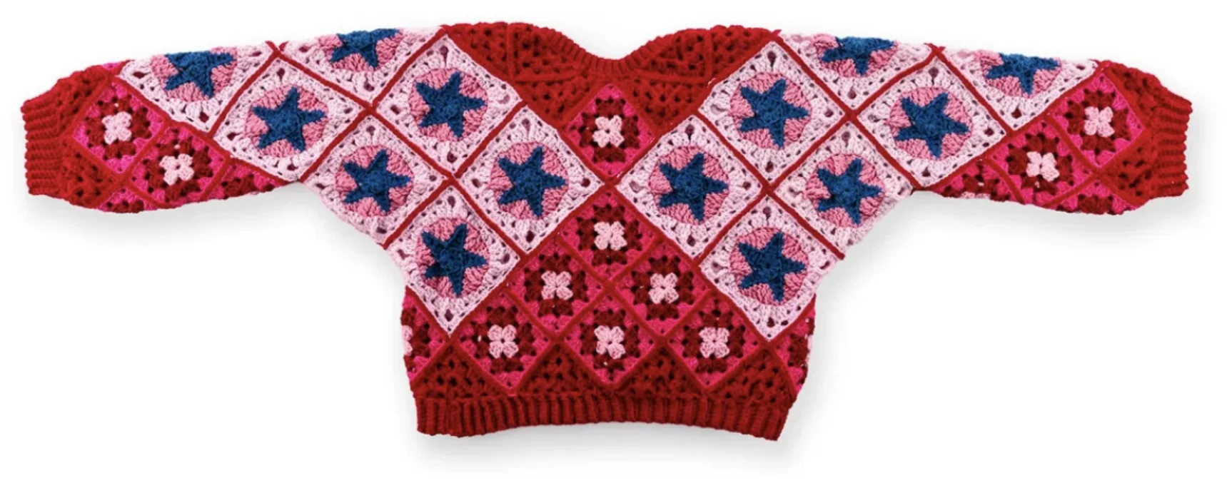 Front view of the completed crochet star motif pullover