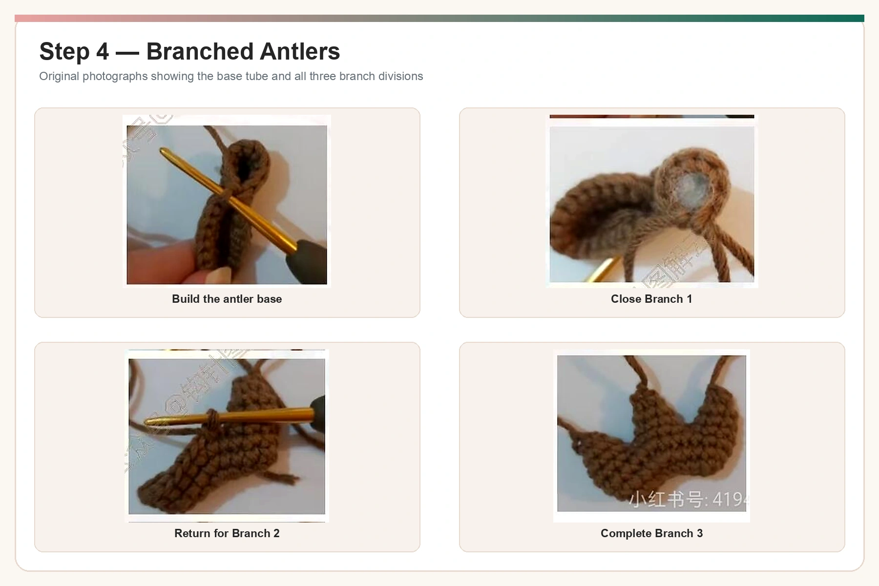 Original crochet deer branched antler step photographs enhanced and upscaled