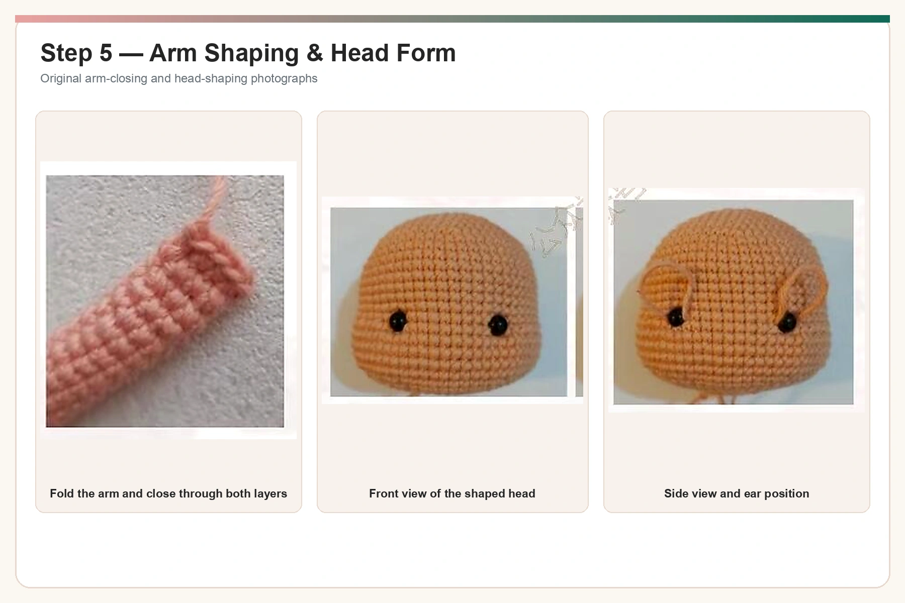 Original crochet arm closing and head shaping photographs enhanced and upscaled