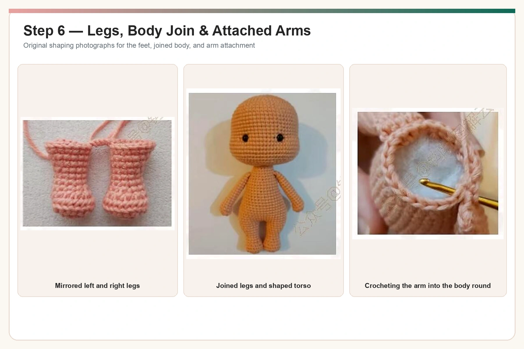 Original crochet legs body join and arm attachment photographs enhanced and upscaled